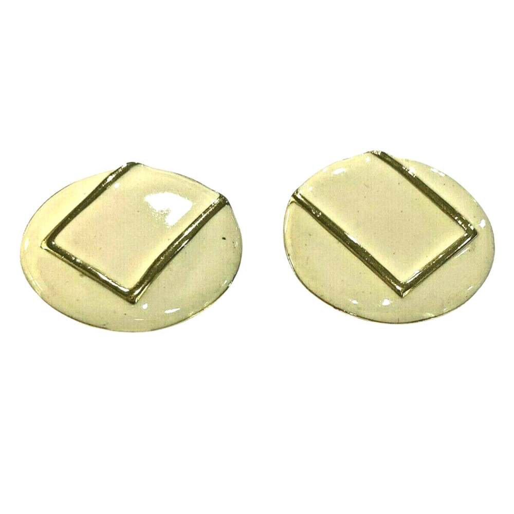 Vintage Monet Clip On Earrings Creamy White Enamel & Gold Tone Mod Oval Shape